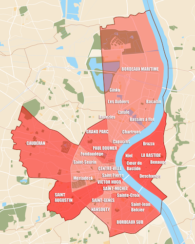 La carte des quartiers de Bordeaux